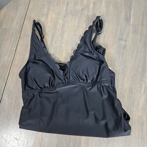 Cupshe Womens L Black Scallop Plunge One Piece Swimsuit Tummy Control Ruched